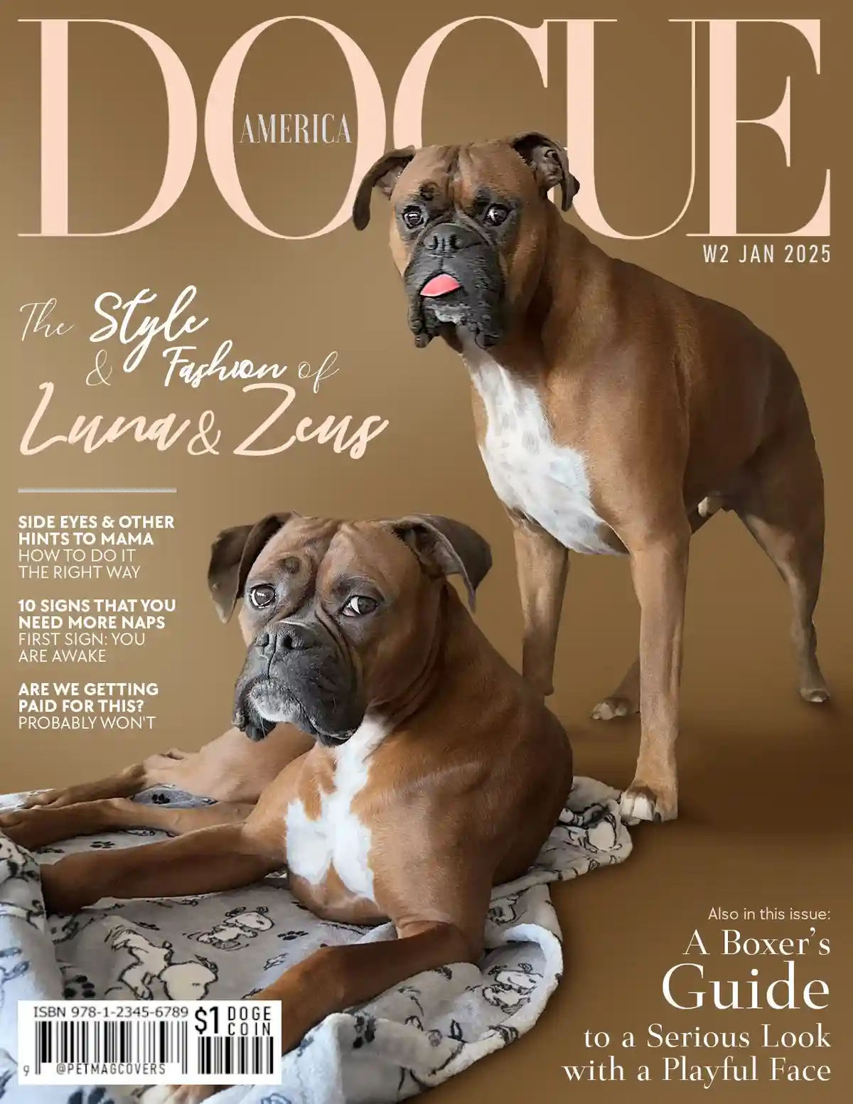 The image is a parody magazine cover styled like Vogue America, featuring two brown Boxer dogs. One dog stands in the…