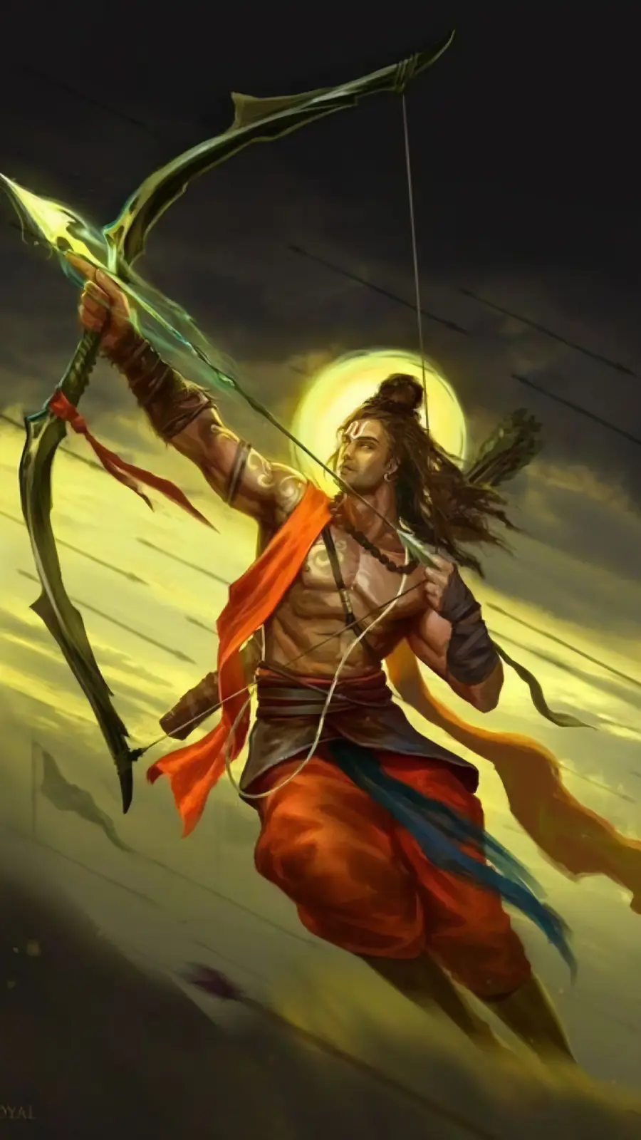 A muscular, shirtless man with long dark hair tied in a topknot and wearing orange and blue robes is depicted drawing a…