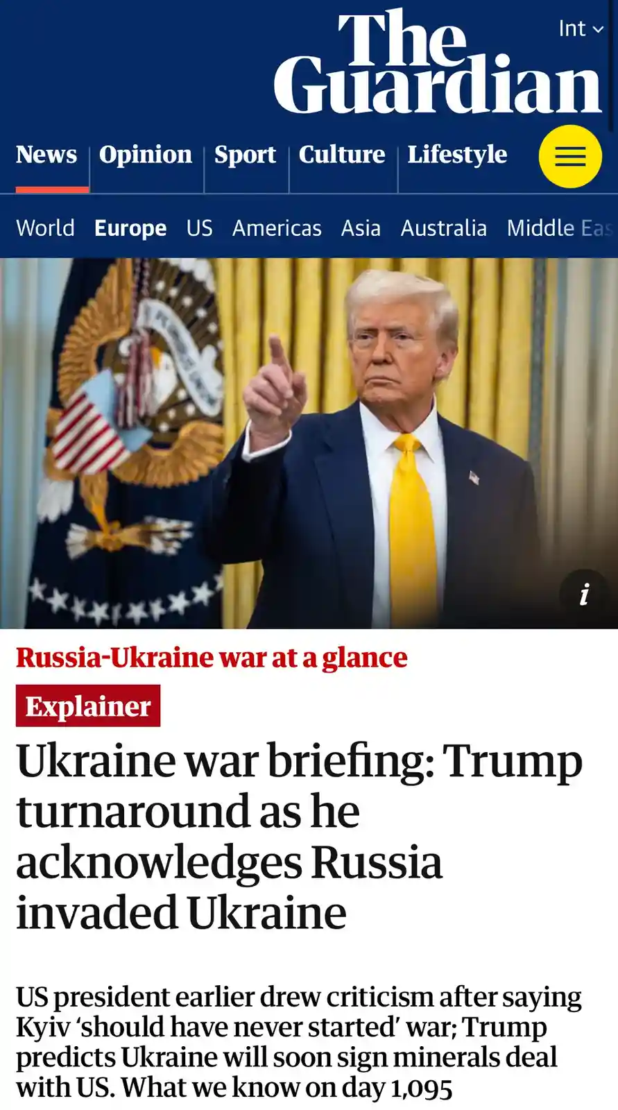 The image shows a screenshot of The Guardian's news website featuring a headline about Donald Trump acknowledging Russia…