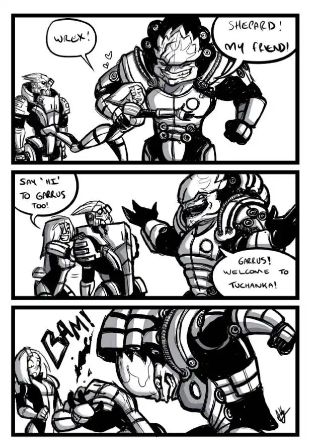 A three-panel black-and-white comic strip featuring characters from Mass Effect. In the first panel, a large, muscular alien…
