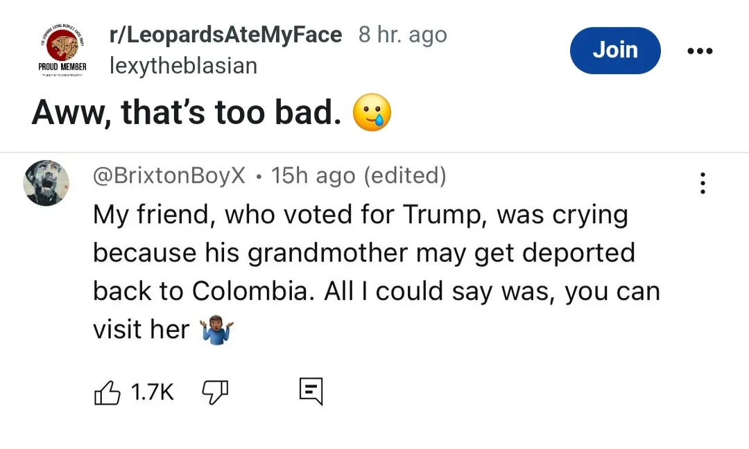 A screenshot of a Reddit post from r/LeopardsAteMyFace showing a user named lexytheblasian responding with 'Aww, that's too…