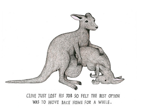 A black-and-white sketch shows an adult kangaroo standing upright with a baby kangaroo (joey) emerging from its pouch and…