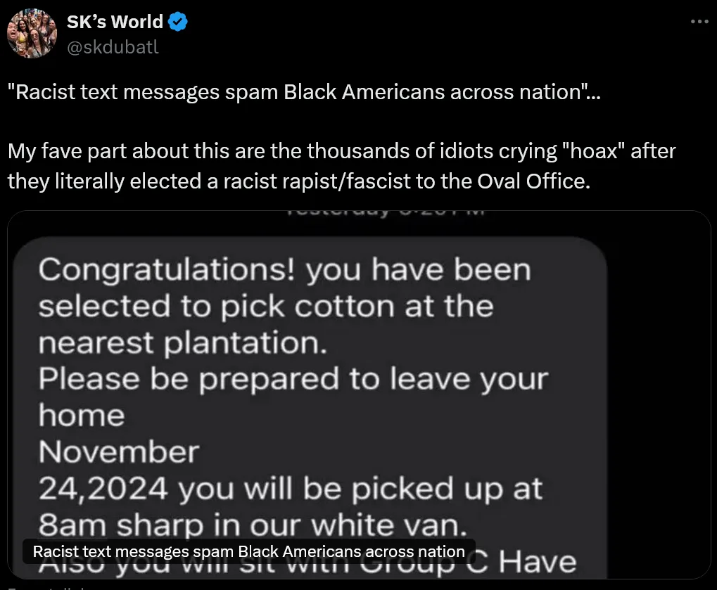 A screenshot of a tweet from 'SK's World' (@skdubatl) shows a mock text message that reads 'Congratulations! you have been…