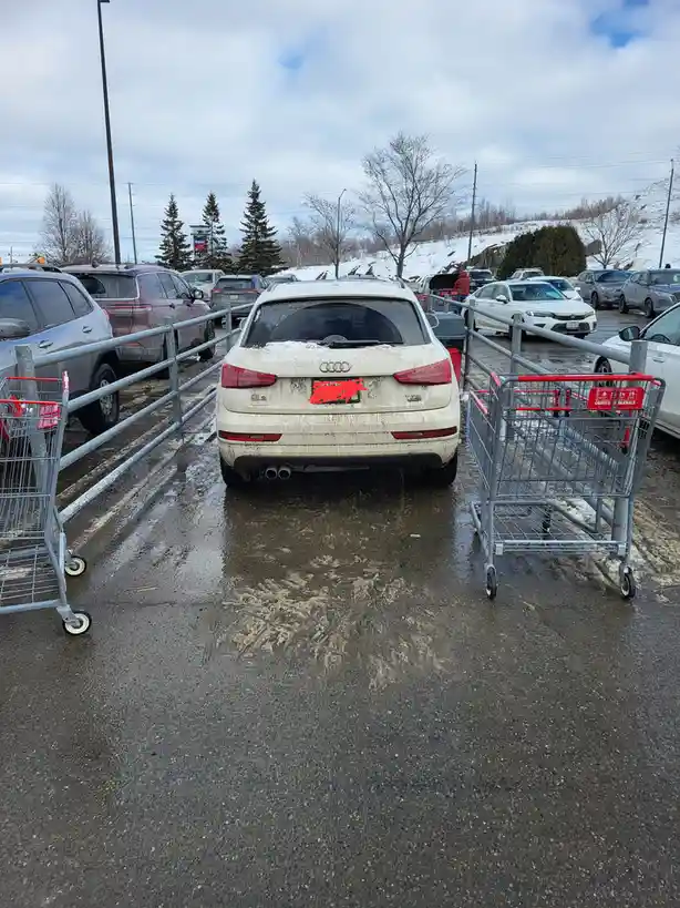 A white Audi SUV is parked in a Costco parking lot, covered in mud and snow, flanked by two Costco shopping carts. The car's…