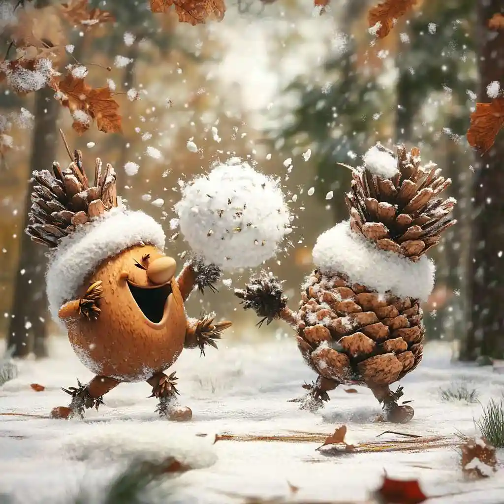 Two anthropomorphic pinecones wearing snow-capped hats are joyfully throwing snowballs at each other in a snowy forest with…
