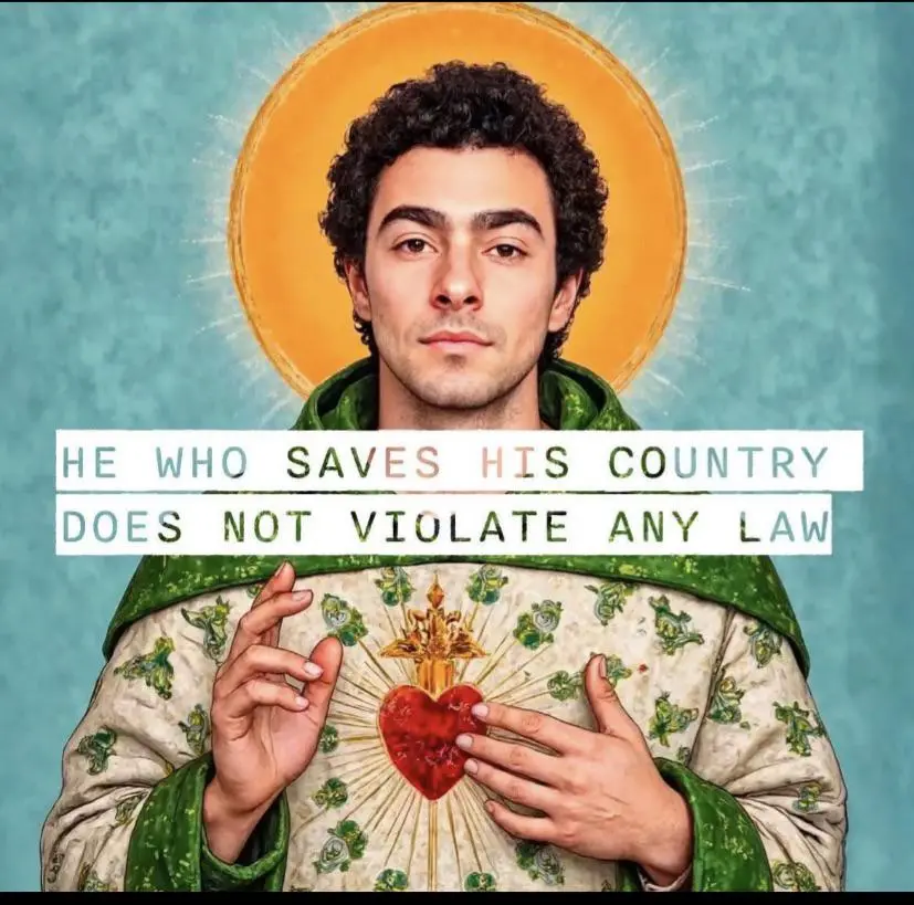A man with curly dark hair and a serious expression is depicted in a religious-style portrait with a golden halo behind his…