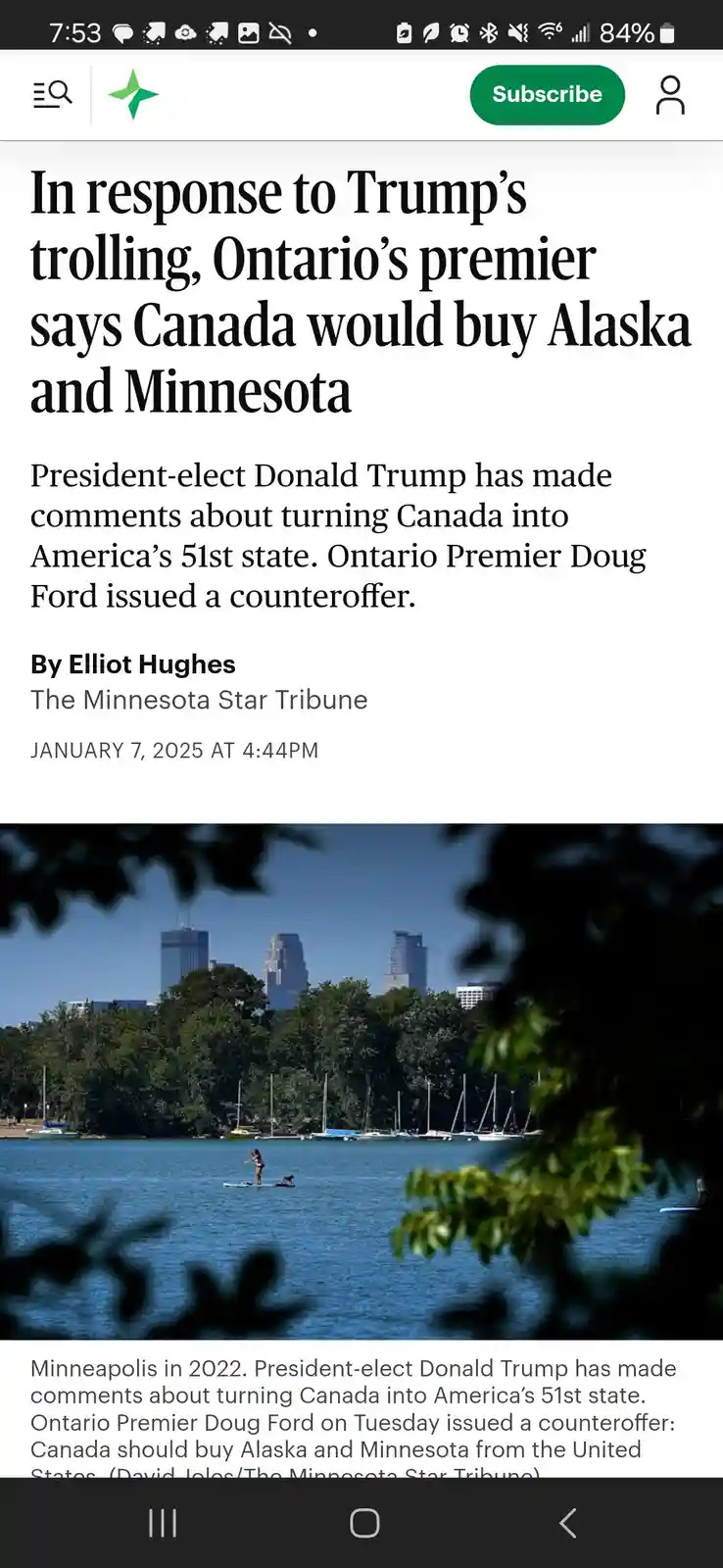 A screenshot of a fake news article from 'The Minnesota Star Tribune' dated January 7, 2025, with a headline claiming…