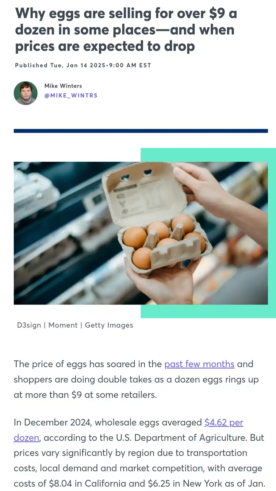 A news article screenshot shows a person holding a cardboard egg carton in a grocery store aisle. The headline reads 'Why…