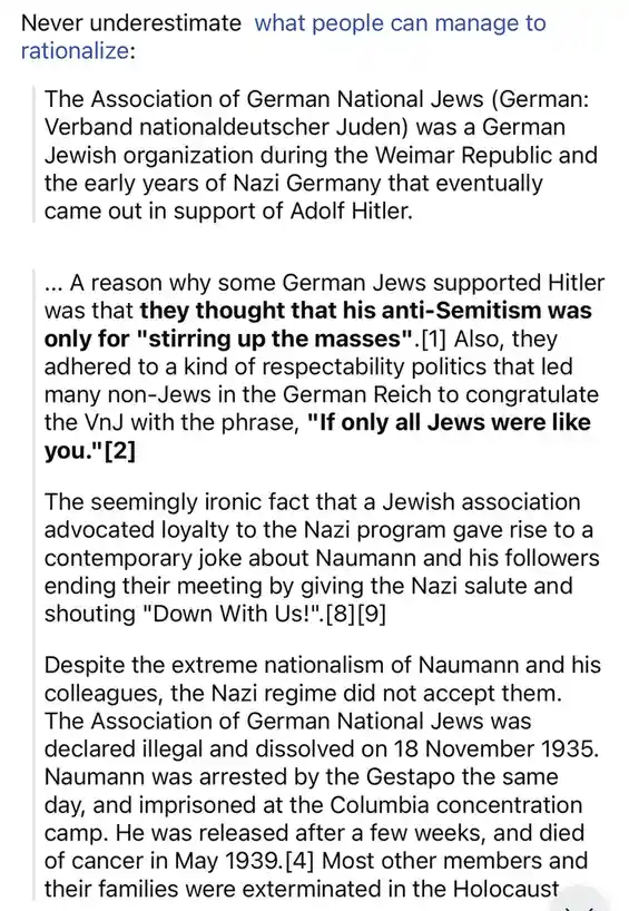 The image displays a block of text from a Wikipedia-style article about the Association of German National Jews, detailing…