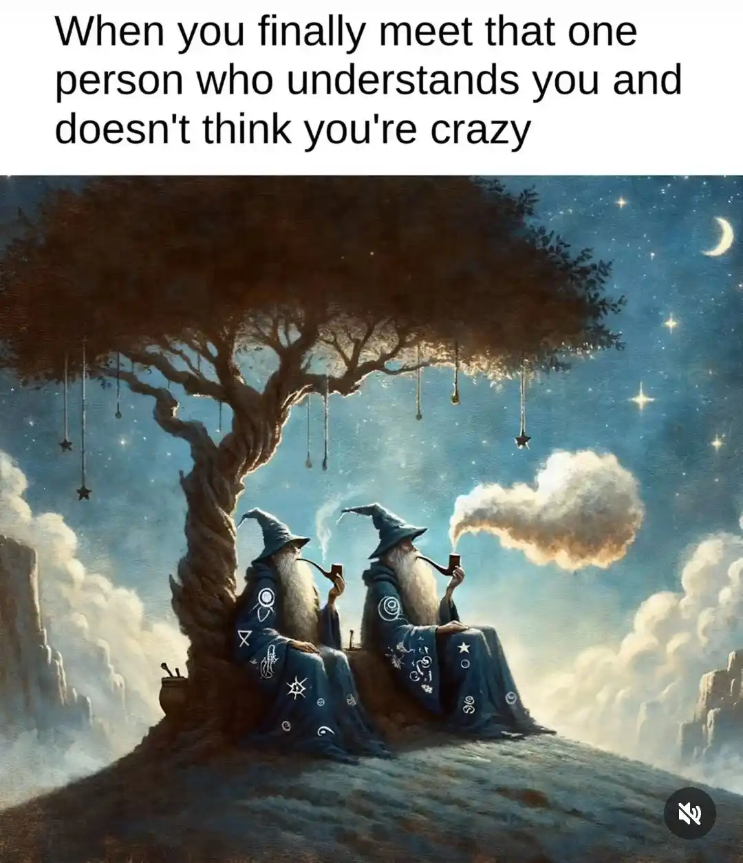Two wizards in blue robes with long beards sit side by side under a large tree in a mystical, starry night sky with a…