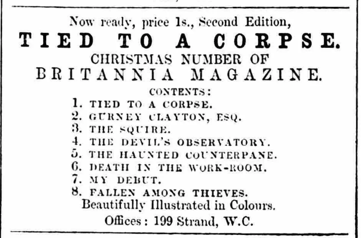 This is a vintage magazine advertisement for 'Britannia Magazine' featuring a Christmas number titled 'Tied to a Corpse'…