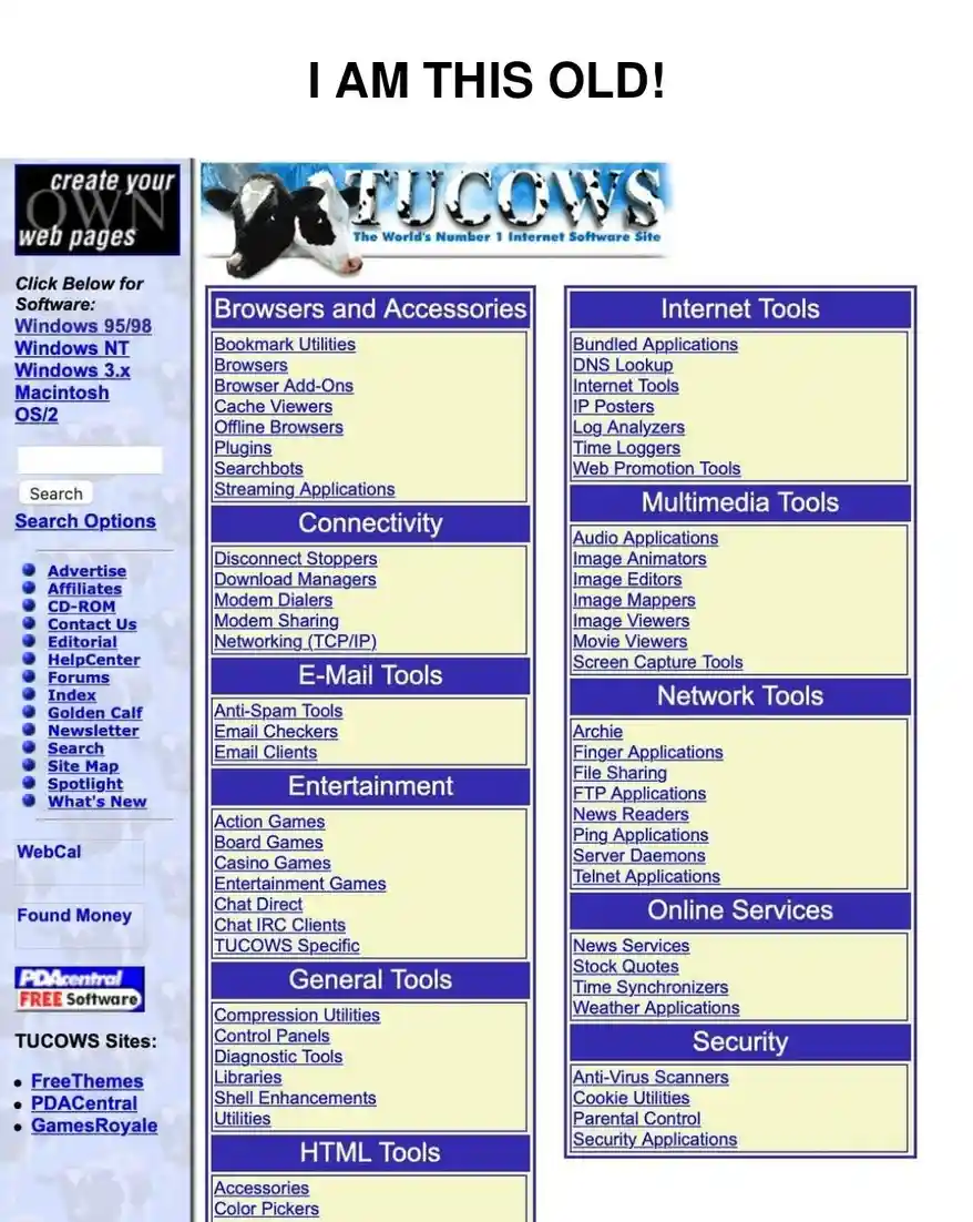 The image displays a screenshot of the TUCOWS website, a vintage internet software portal from the late 1990s, featuring a…