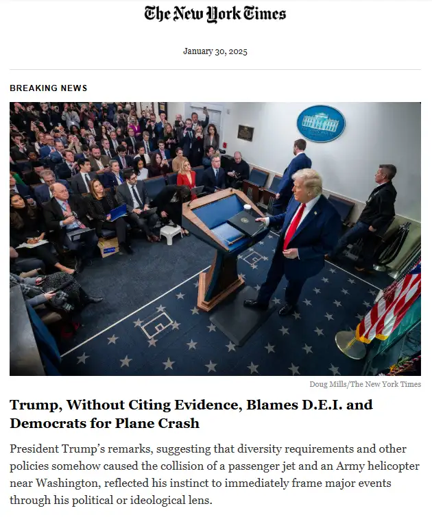 A screenshot of a New York Times article dated January 30, 2025, shows Donald Trump at a podium in the White House briefing…