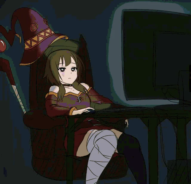 A six-panel image shows an anime witch character sitting at a desk in front of a computer, her expression bored and…