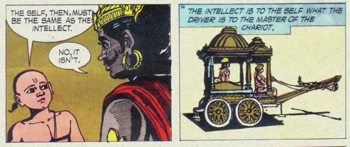 This comic strip features two panels: the left shows a child rejecting a philosophical claim that 'the self must be the same…