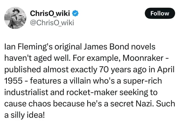 A screenshot of a tweet from ChrisO_wiki's verified Twitter account, which critiques Ian Fleming's original James Bond…