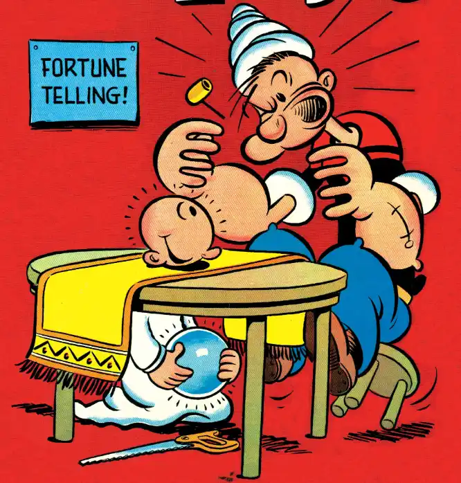 A cartoon fortune teller with a blue and white turban leans over a table, dramatically holding a small yellow object while a…