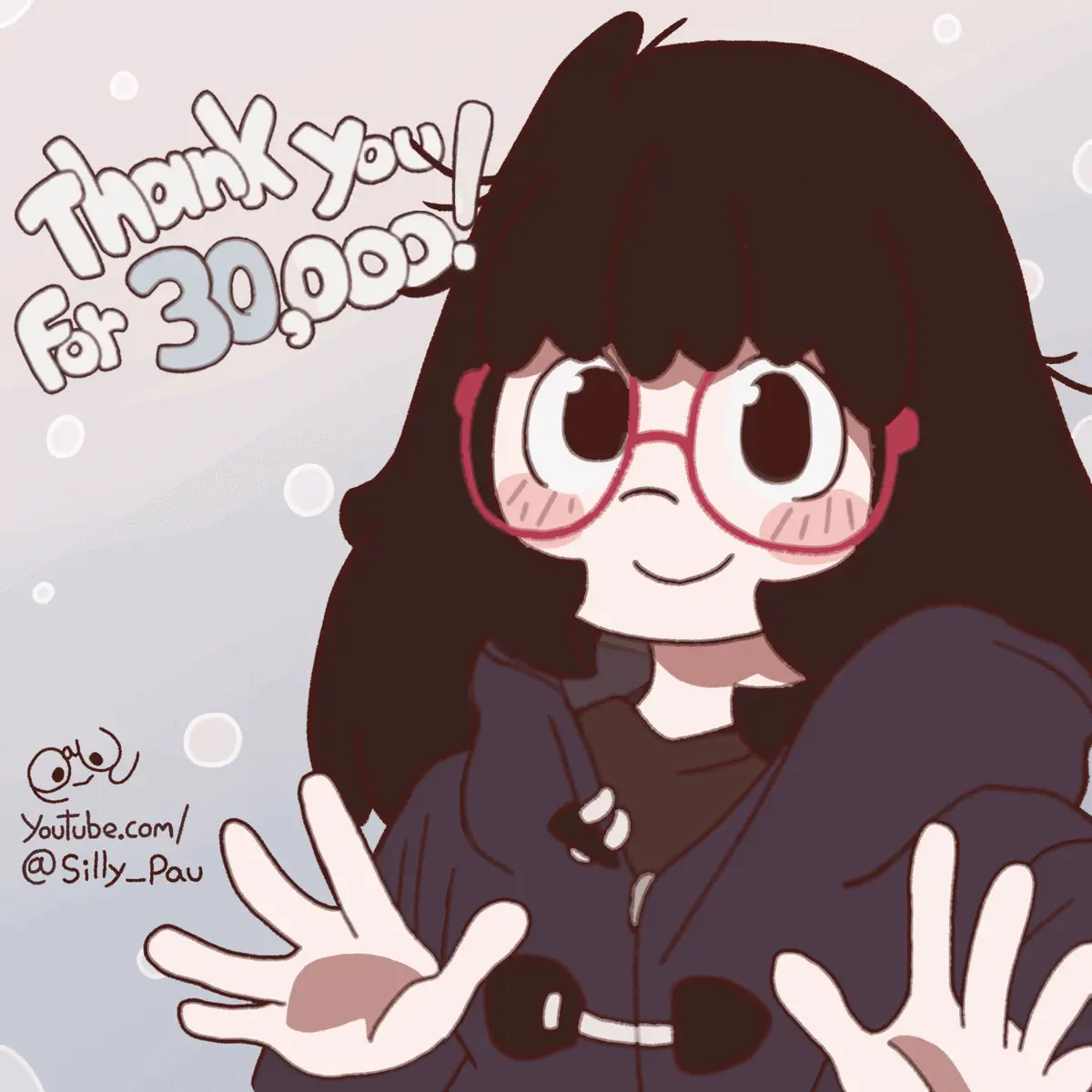 A grid of six identical cartoon panels shows a girl with dark hair, pink glasses, and a dark jacket, smiling and holding out…