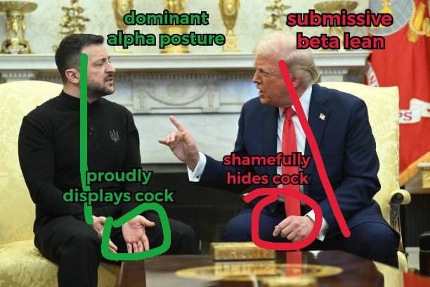 Two men sit across from each other at a table; one in black is labeled 'dominant alpha posture' with a green arrow pointing…