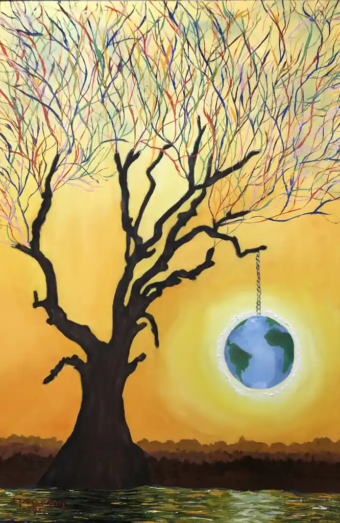 A painting depicts a stark, black tree with colorful, thin branches against a yellow-orange sky, from which a globe of Earth…