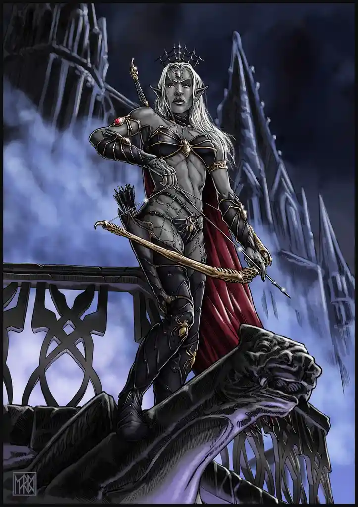 A dark fantasy illustration shows a pale-skinned, long-haired elf woman with pointed ears, wearing ornate black armor with…