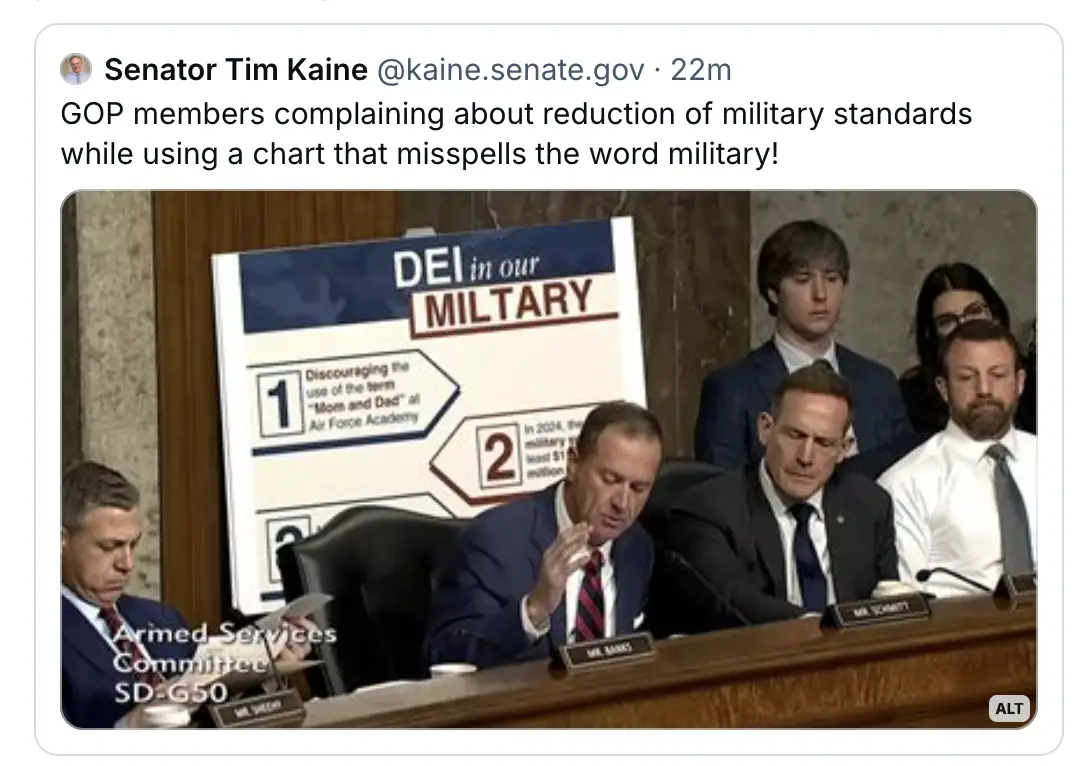 A screenshot of a tweet by Senator Tim Kaine showing a hearing with several men in suits seated at a wooden table. Behind…