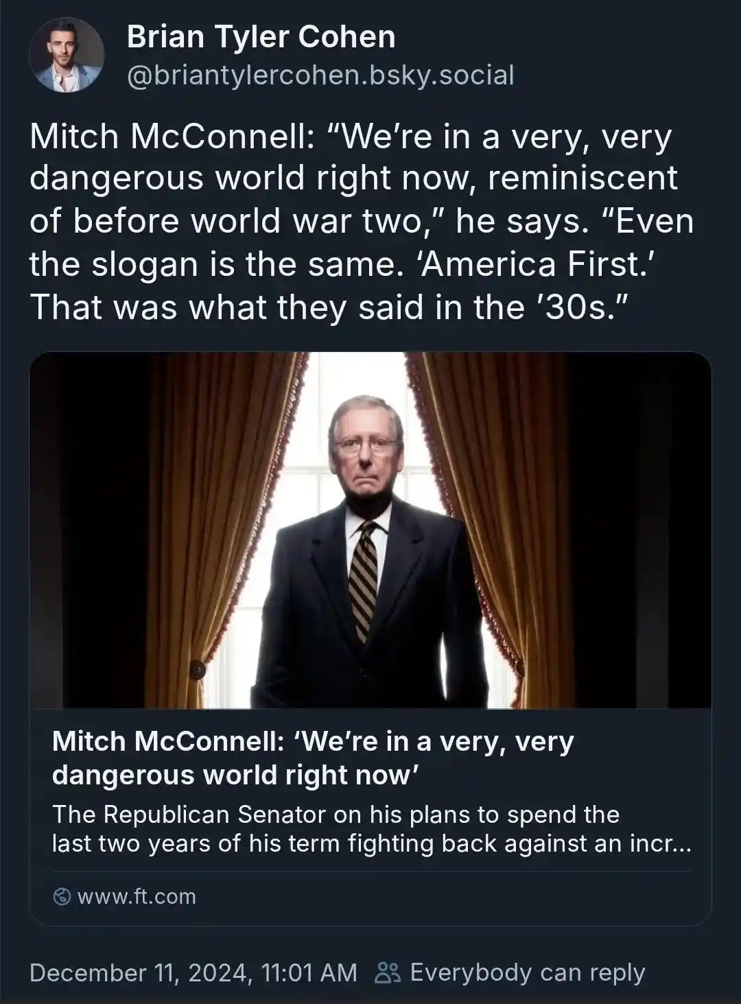A screenshot of a social media post by Brian Tyler Cohen featuring a photo of Mitch McConnell standing in front of curtains…
