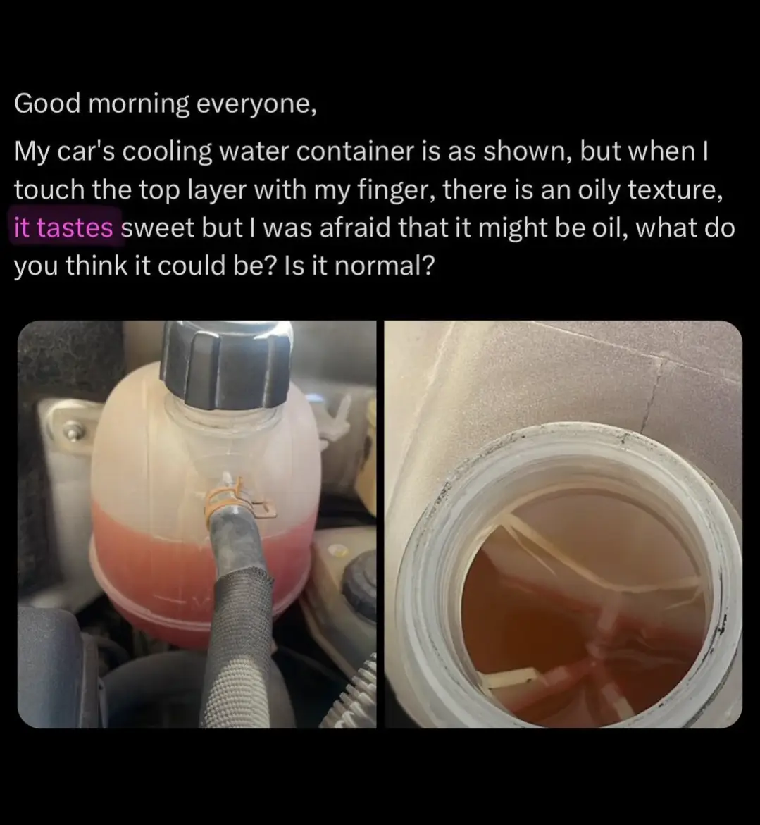 The image shows two photos of a car's coolant reservoir. The left photo shows the reservoir with a red liquid and a black…