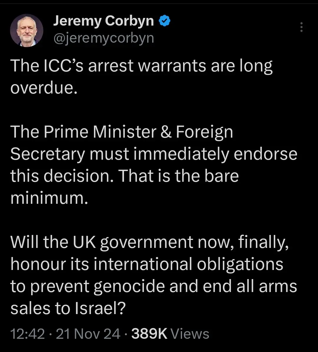 A screenshot of a tweet from Jeremy Corbyn's verified Twitter account, displaying his text calling for the UK government to…