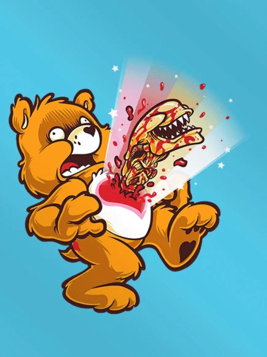 A cartoon brown bear with a terrified expression is holding a white heart that has been violently ripped open, revealing a…