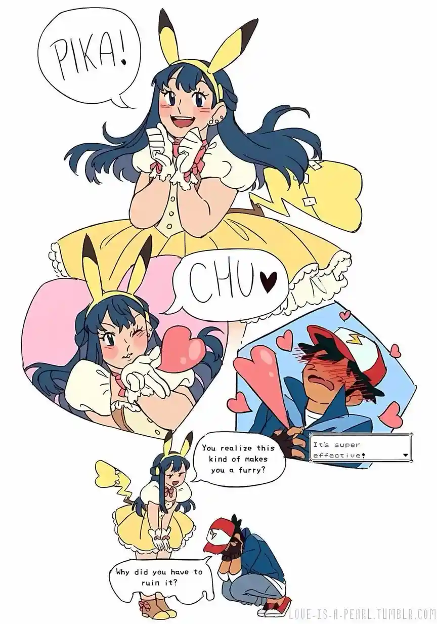 A comic-style image shows a girl in a Pikachu-themed outfit saying 'PIKA!' and 'CHU♥' while a boy in a red cap reacts with…