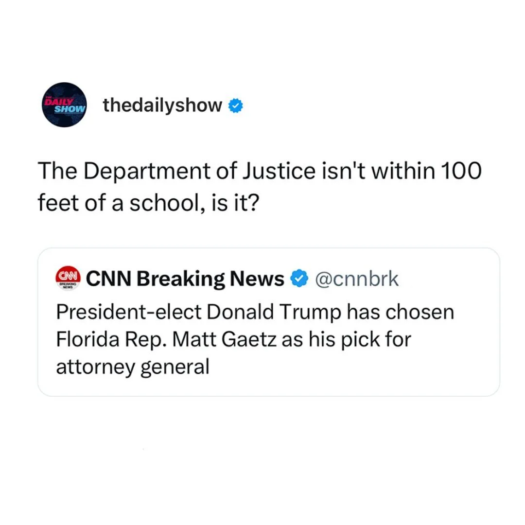 The image displays a screenshot of a tweet from 'thedailyshow' with the text 'The Department of Justice isn't within 100…