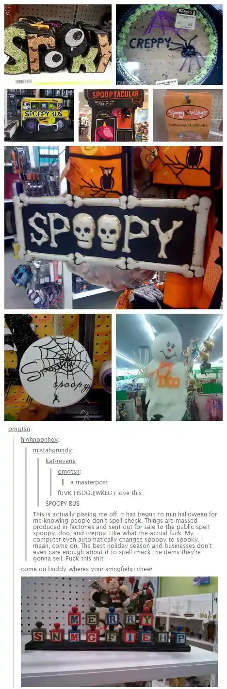 A collage of Halloween store items with misspellings like 'SPOOPY' on a bone sign, 'CREPPY' on a cake, and 'SPOOPTY' on a…