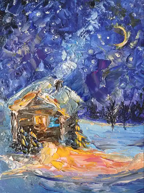 A textured, impressionistic painting depicts a small wooden cabin under a swirling, starry night sky with a crescent moon…