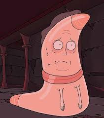 A pink, cartoonish, worm-like creature with a worried expression, sweat droplets, and tiny arms, sits in a dim…