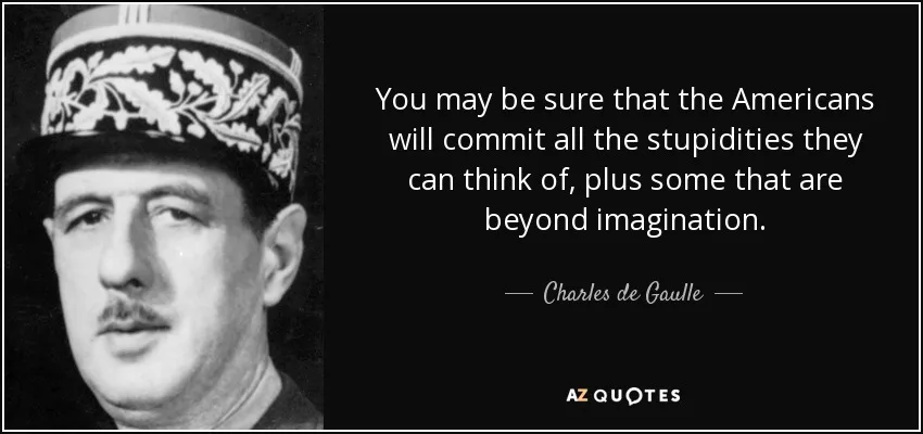 A black-and-white portrait of Charles de Gaulle wearing a decorated military hat, next to a black background with white text…