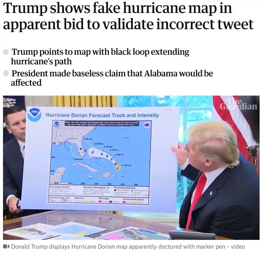 Donald Trump is shown pointing at a weather map titled 'Hurricane Dorian Forecast Track and Intensity' that has a black loop…