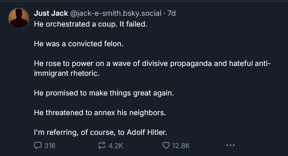 A screenshot of a social media post by 'Just Jack' that lists several damning characteristics of a fictional or hypothetical…