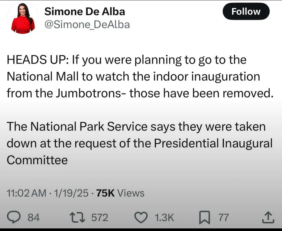 A screenshot of a tweet from Simone De Alba (@Simone_DeAlba) dated 1/19/25, announcing that large outdoor screens…