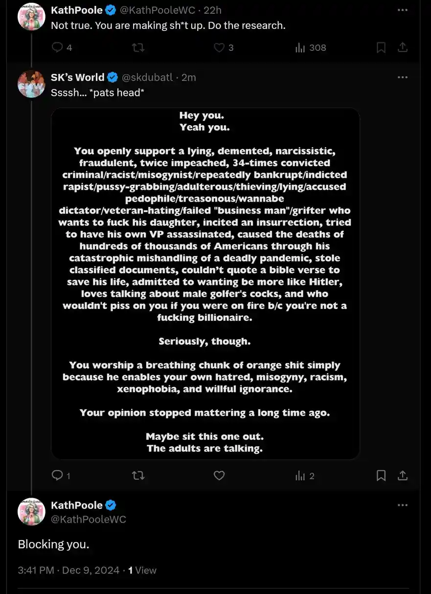 A screenshot of a Twitter thread shows user KathPoole blocking another user after a heated exchange. The second user, SK's…