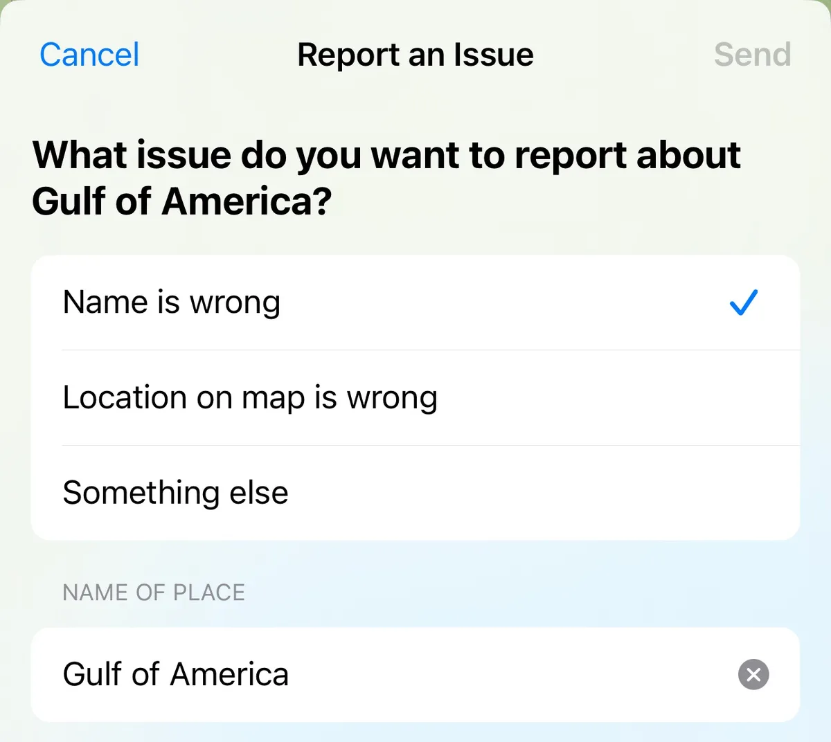 A screenshot of a 'Report an Issue' interface from a mapping app, where the user has selected 'Name is wrong' for the…