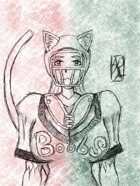 A sketch-style drawing of an anime girl wearing a cat-eared helmet with a face cage, a tail, and a jersey with the word…