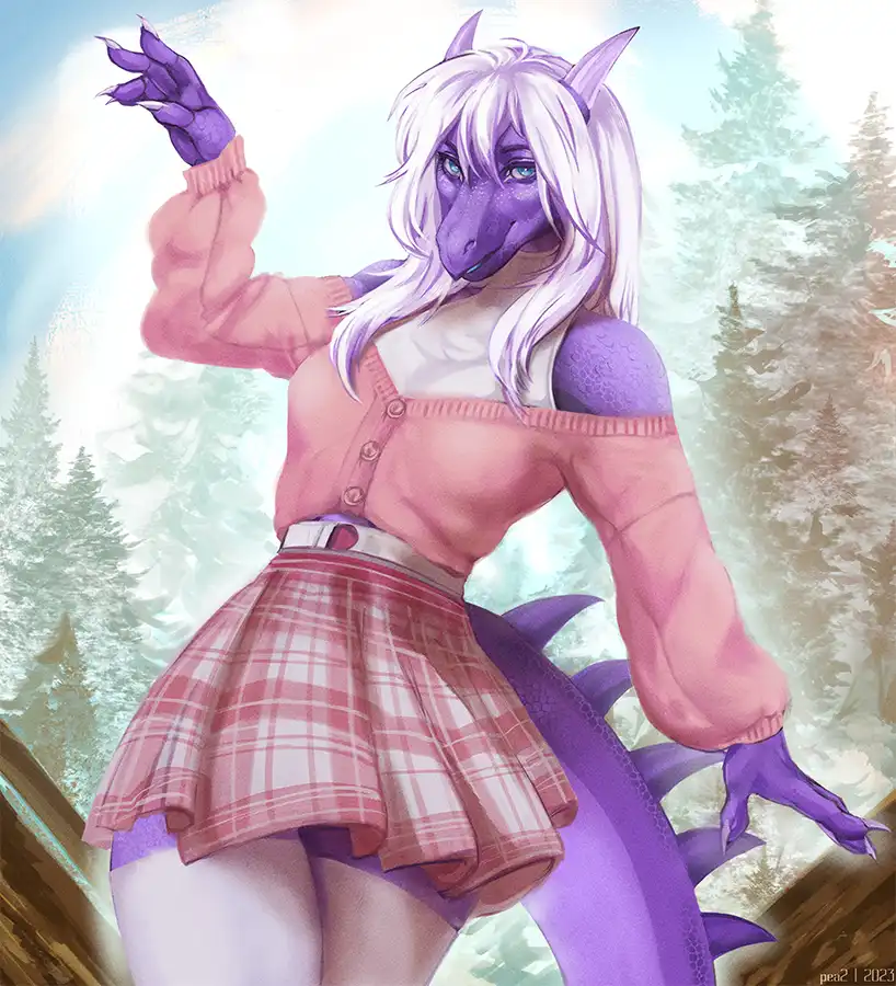 A purple-skinned dragon woman with white hair and horns wears a pink cardigan and plaid skirt, posing outdoors with trees in…