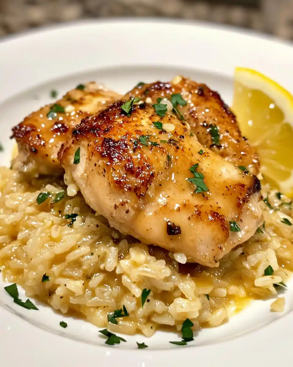 A close-up photo of a plated meal featuring two golden-brown seared chicken thighs resting on a bed of creamy risotto…