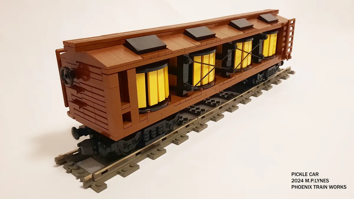 A detailed LEGO model of a brown train car on tracks, featuring yellow cylindrical containers inside, with text in the…
