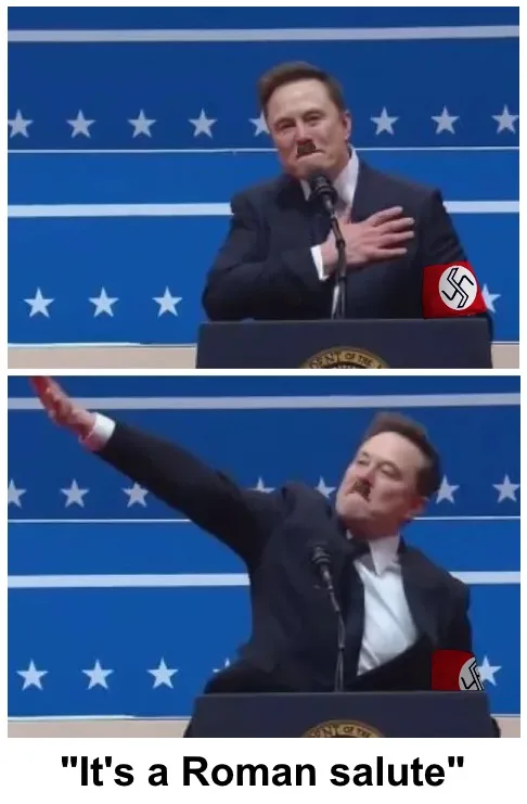 Two-panel image of Elon Musk at a podium with a blue starry background. In the top panel, he stands with his right hand over…