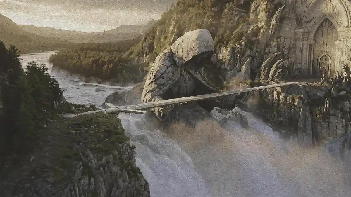 A fantasy landscape image shows a narrow stone bridge spanning a turbulent river gorge, with a massive, hooded stone statue…
