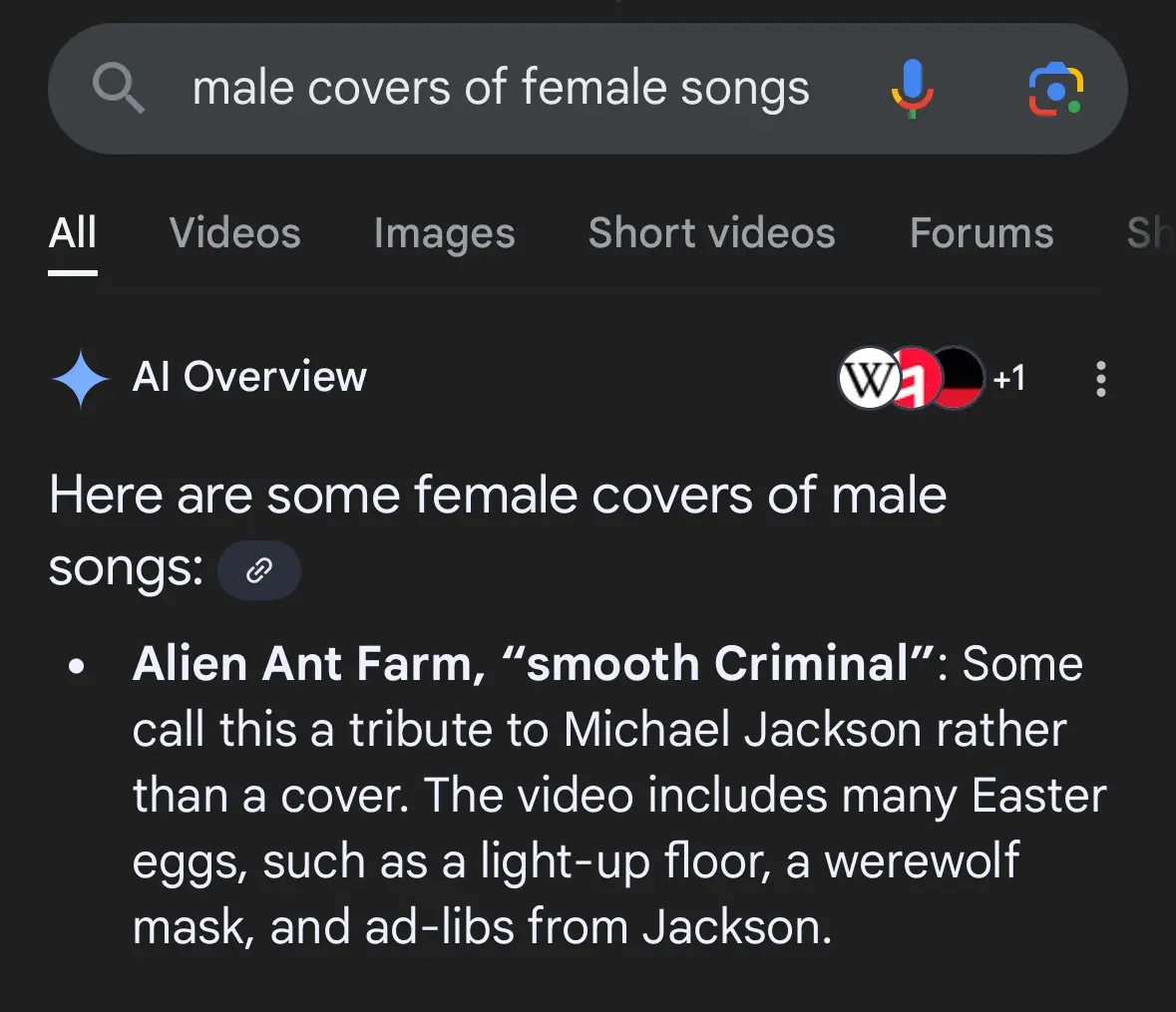 A screenshot of a Google search result for 'male covers of female songs' shows an AI-generated response that mistakenly…
