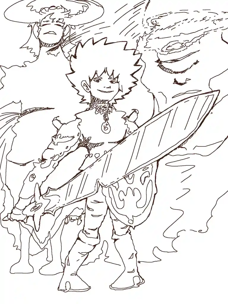 A black-and-white line drawing shows a central anime-style character with spiky hair, a necklace, and a large sword, smiling…
