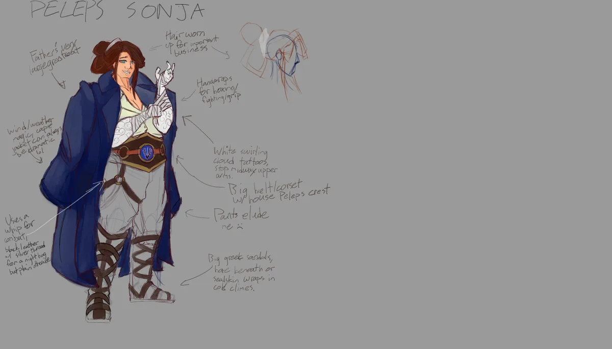 A character design sketch of a female warrior named 'Peleps Sonja' with brown hair tied up, wearing a blue coat, white top…